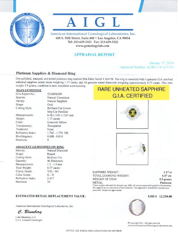 Photo 4 of 1.17ct UNHEATED Greenish Yellow Sapphire and 0.57ctw Diamond Platinum Ring (GIA CERTIFIED)(APP SIZE 6-7) W/MSRP APPRAISAL RN035673
