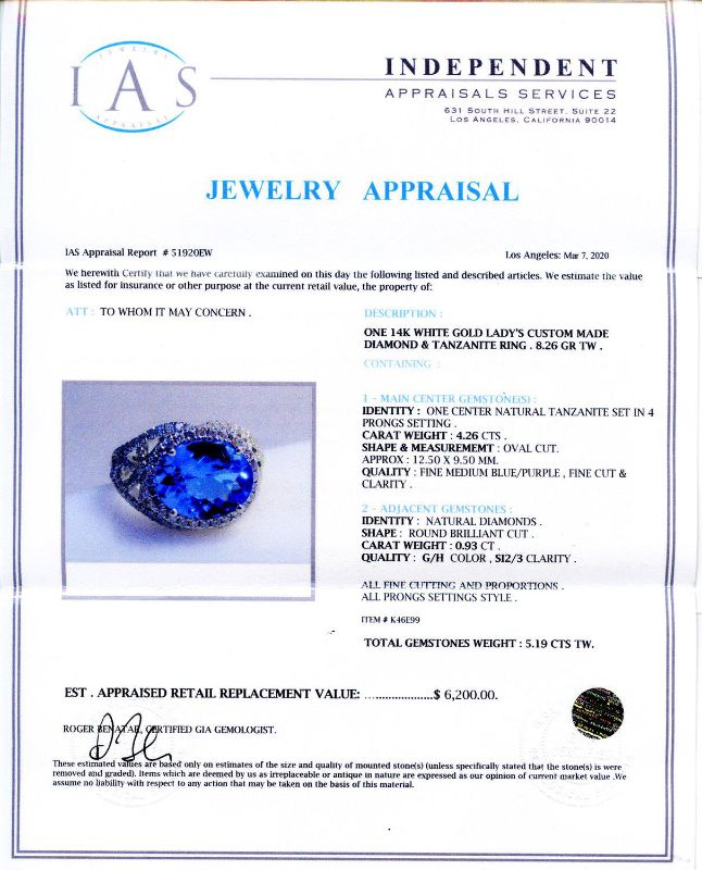 Photo 4 of 4.26ct Tanzanite and 0.93ctw Diamond 14K White Gold Ring (APP SIZE 6-7)W/MSRP APPRAISAL RN028186
