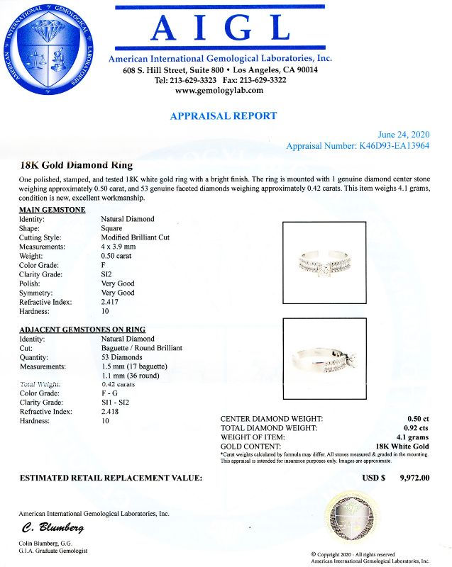 Photo 4 of 0.50ct SI2 CLARITY F COLOR CENTER Diamond 18K White Gold Ring (0.92ctw Diamonds)(APP SIZE 6-7) W/MSRP APPRAISAL RN028417
