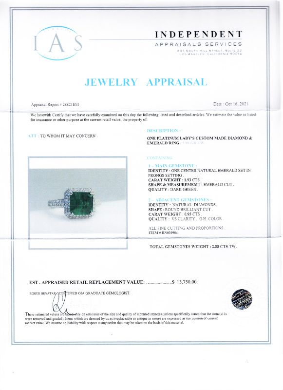 Photo 4 of 1.93ct Emerald and 0.95ctw Diamond Platinum Ring (APP SIZE 6-7) W/MSRP APPRAISAL RN030984
