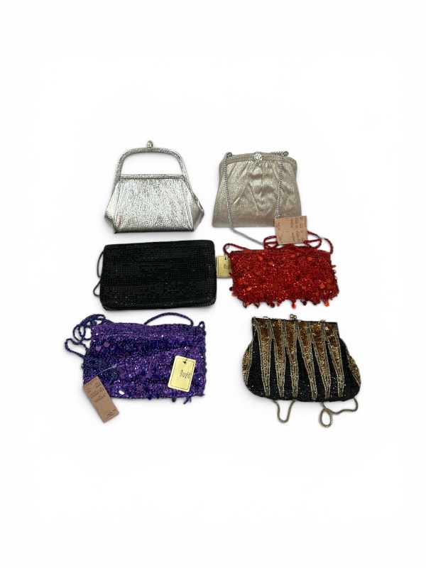 Photo 1 of 6 VINTAGE-STYLE BEADED PURSES A RED BEADED BAG FROM RUBY LANE, GOLD BEADED CRYSTAL HANDBAG, AND A BLACK BEADED BAG