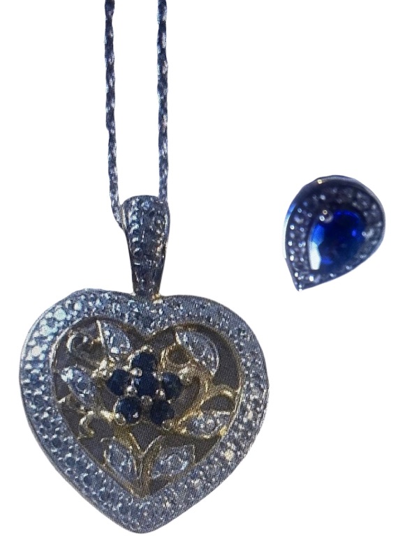 Photo 1 of 10K WHITE GOLD CHAIN 15” w 925 SILVER PENDANT & 925 SILVER EARRING WITH GEMSTONE