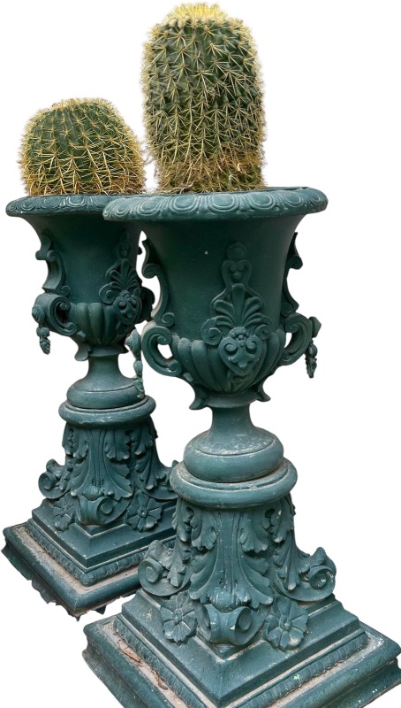 Photo 1 of 2 RESIN PEDESTAL PLANTERS WITH LIVE CACTUS H40”