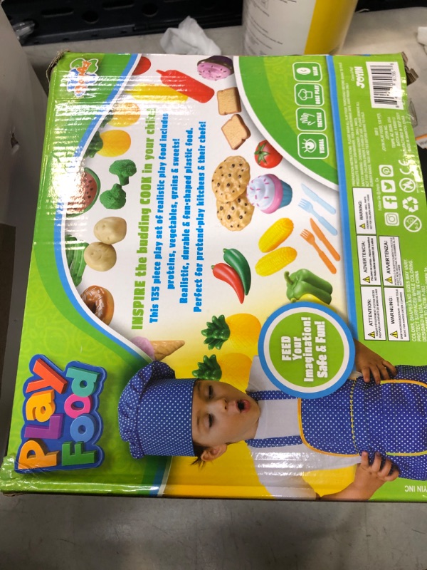 Photo 1 of JOYIN 135Pcs Kids Play Food Set, Value Pretend Food for Play Kitchen with Fruit, Vegetable, Food Can, Dessert, Tableware, Bottles, Dramatic Plastic Food Toys for Toddler Boys Girls 3+ Years