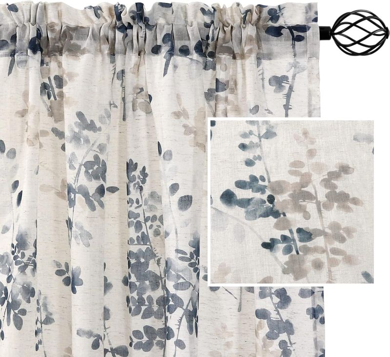 Photo 1 of  Linen Sheer Curtains for Living Room Curtains 63 Inches Long Light Filtering Rod Pocket Window Sheer Linen Curtains for Bedroom, Bluestone and Taupe Classical Floral Printing, 2 Panels
