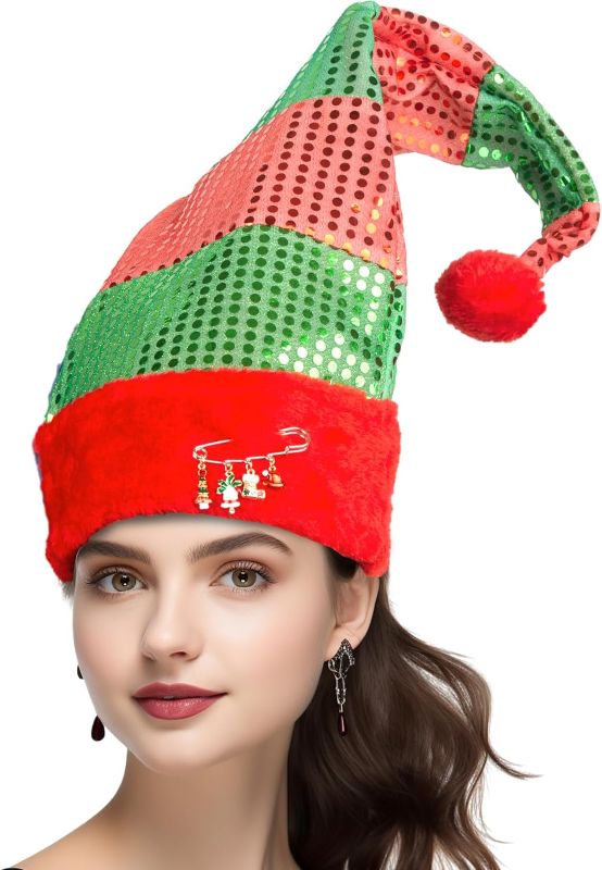 Photo 1 of MCPINKY Glitter Christmas Elf Hat, Long Striped Hat with Cute Brooch Pin Christmas Novelty Hat for Kids Christmas Costume Accessories
