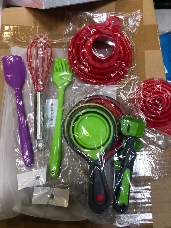 Photo 1 of Collapsible Measuring Cups and Spoons Set,Markings for Liquid & Dry Measuring-Silicone Whisk,silicone spatula,Silicone funnel,Oil Brush,Food Grade Silicone Cooking Kitchen Utensils(13 Piece Set)