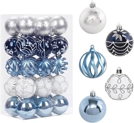 Photo 1 of 30PCS 2.36IN Christmas Tree Ornaments Assorted Pendant Shatterproof Ball Ornament Set Seasonal Decorations with Reusable Hand-Help Gift Boxes Ideal for Xmas, Holiday Party (White/Blue)
