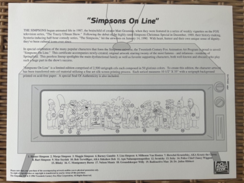 Photo 9 of FRAMED RARE "SIMPSONS ON LINE" PANORAMIC ANIMATION SERICEL CEL LIMITED EDITION MATT GROENING W SEAL OF AUTHENTICITY & PAPERWORK-MINT CONDITION  42" x 18"