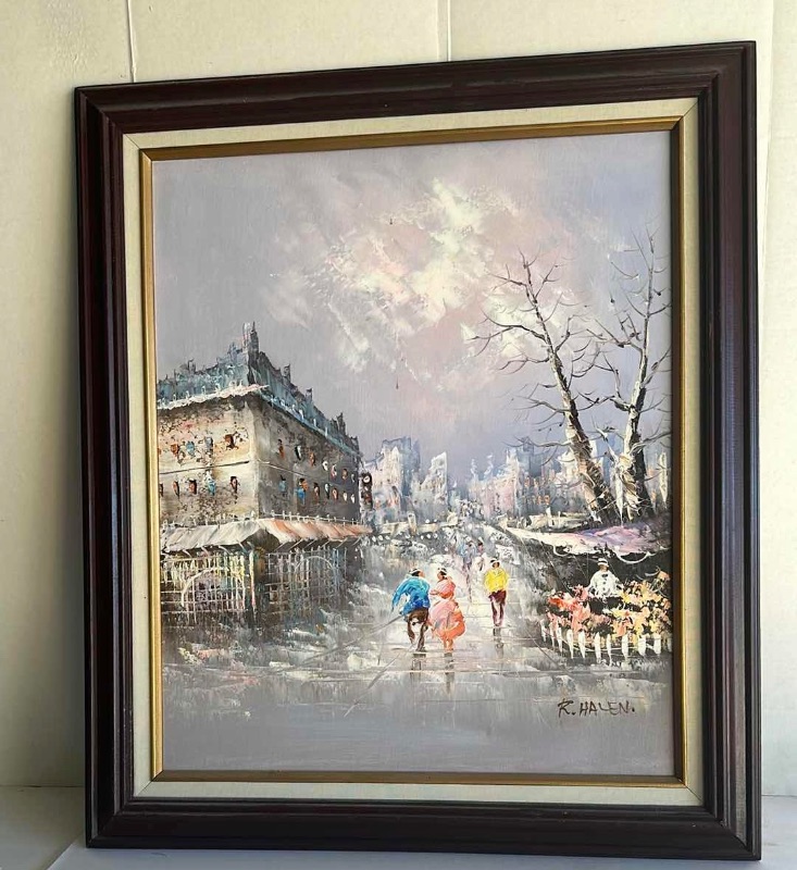 Photo 2 of FRAMED "STREET SCENE" OIL PAINTING ARTWORK BY R HALEN 26”X30”