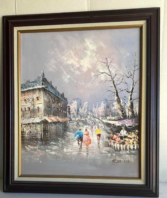 Photo 1 of FRAMED "STREET SCENE" OIL PAINTING ARTWORK BY R HALEN 26”X30”