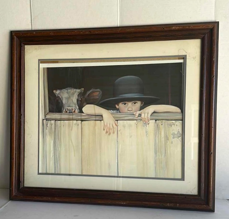 Photo 1 of FRAMED "AMISH BOY AND COW" ARTWORK  27”X 24”