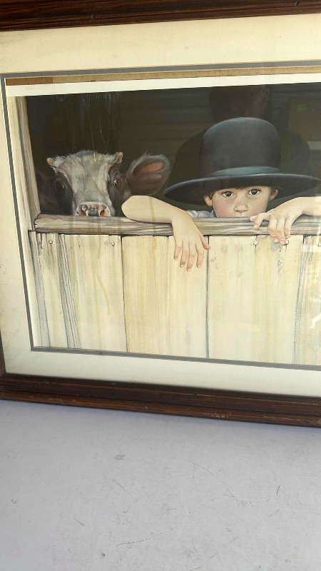 Photo 2 of FRAMED "AMISH BOY AND COW" ARTWORK  27”X 24”