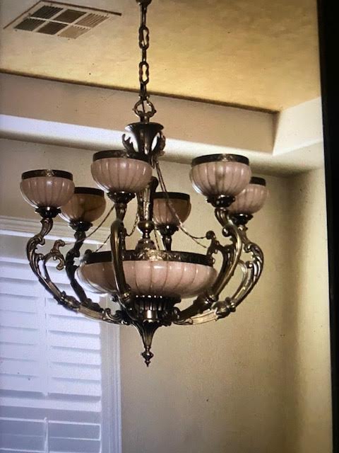 Photo 3 of ANTIQUE CUSTOM VICTORIAN BRASS 6 GLOBE CHANDELIER. 