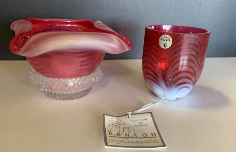 Photo 1 of 2-VINTAGE FENTON CRANBERRY OPALESCENT GLASS W SWIRL DRAPE BASE  (FAIRLY LAMP & SMALL VASE)