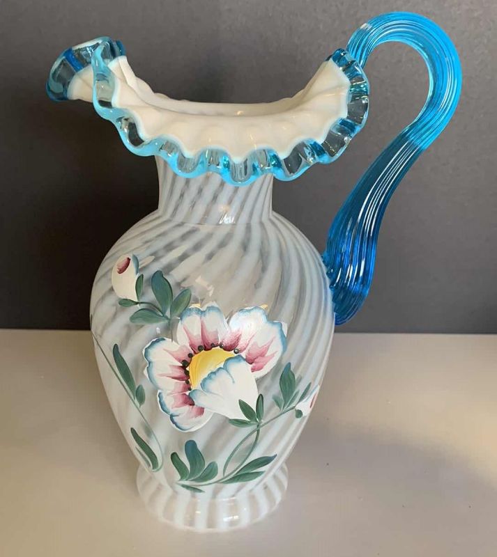 Photo 1 of FENTON 1995 OPAL AQUA SWIRL ART GLASS 90TH ANNIVERSARY PITCHER