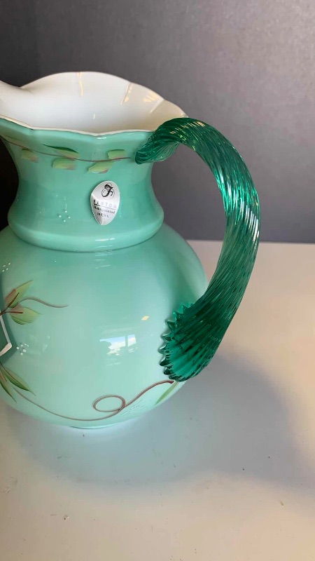 Photo 4 of FENTON 75TH ANNIVERSARY DIAMOND JUBILEE SPRUCE GREEN OVERLAY PITCHER H7” 