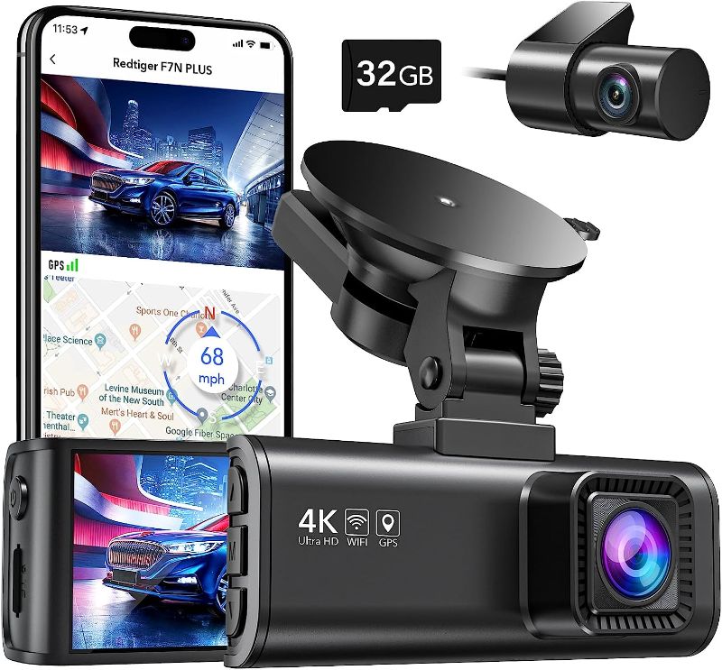 Photo 1 of REDTIGER Dash Cam Front Rear, 4K/2.5K Full HD Dash Camera for Cars, Free 32GB Card, Built-in Wi-Fi GPS, 3.16” IPS Screen, Night Vision, 170°Wide Angle, WDR, 24H Parking Mode (NEW BUT BOX IS DAMAGED)