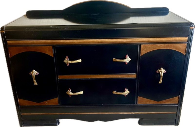 Photo 1 of VINTAGE ART DECO, BLACK AND GOLD. CABINET WITH TWO DRAWERS AND TWO DOORS. 53” X 19.5” X H 38”.