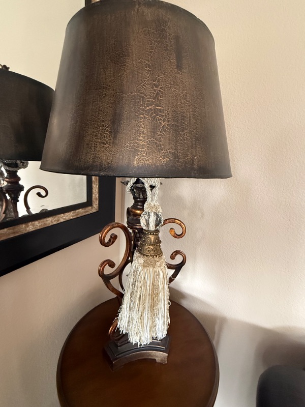 Photo 1 of COPPER METAL TABLE LAMP W BLACK COPPER CRACKLE SHADE & HANGING ACCENT H33”