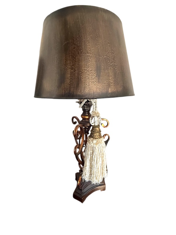Photo 1 of COPPER METAL TABLE LAMP W BLACK COPPER CRACKLE SHADE & HANGING ACCENT H33”