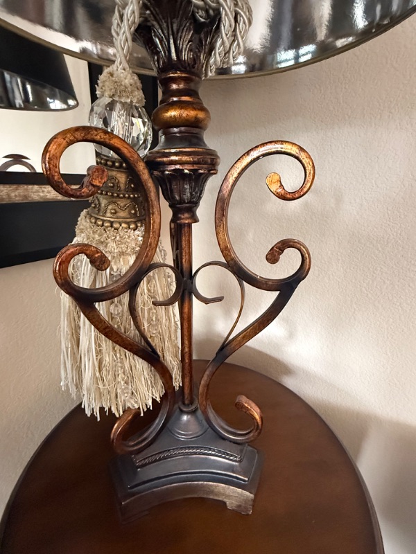 Photo 1 of COPPER METAL TABLE LAMP W BLACK COPPER CRACKLE SHADE & HANGING ACCENT H33”