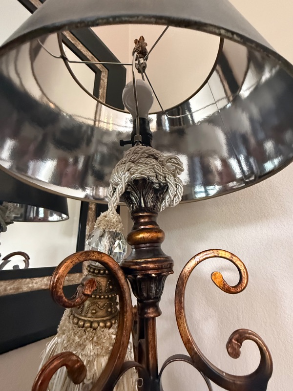 Photo 1 of COPPER METAL TABLE LAMP W BLACK COPPER CRACKLE SHADE & HANGING ACCENT H33”