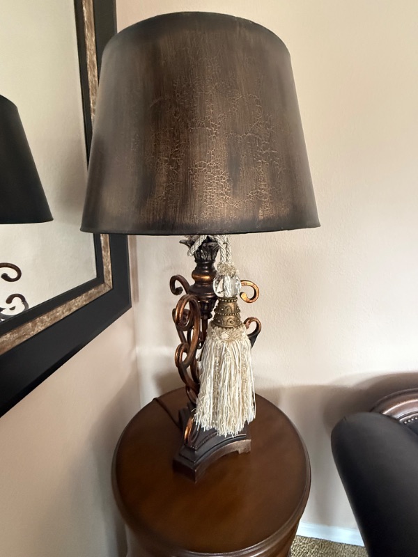 Photo 1 of COPPER METAL TABLE LAMP W BLACK COPPER CRACKLE SHADE & HANGING ACCENT H33”