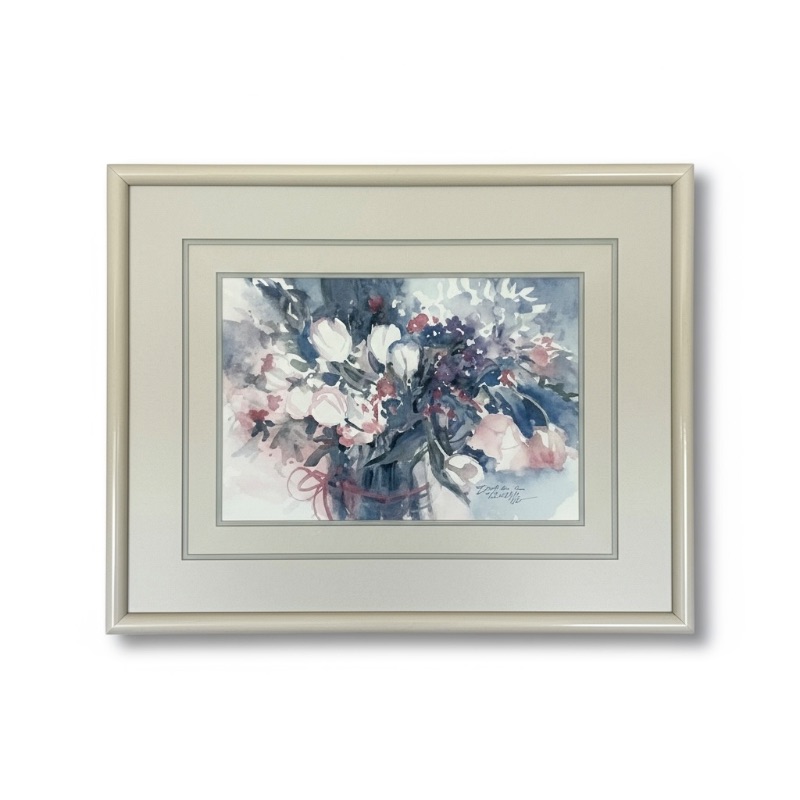 Photo 1 of HIGH GLOSS WHITE WOOD FRAMED, PASTEL FLORAL, DAWNA BARTON "SUE'S BOUQUET" WATERCOLOR SIGNED ARTWORK 31“ x H25“