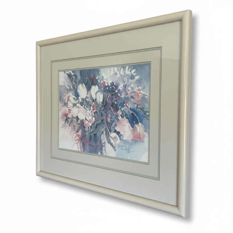 Photo 1 of HIGH GLOSS WHITE WOOD FRAMED, PASTEL FLORAL, DAWNA BARTON "SUE'S BOUQUET" WATERCOLOR SIGNED ARTWORK 31“ x H25“