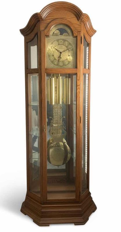 Photo 1 of SLIGH VINTAGE WOOD GRANDFATHER CLOCK WITH GLASS SHELVES 32“ x 14“  X H82“