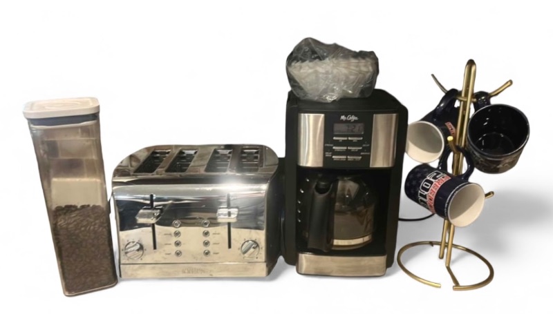 Photo 1 of KRUPS TOASTER, MR COFFEE MAKER, COFFEE MUGS WITH STAND AND COFFEE BEANS