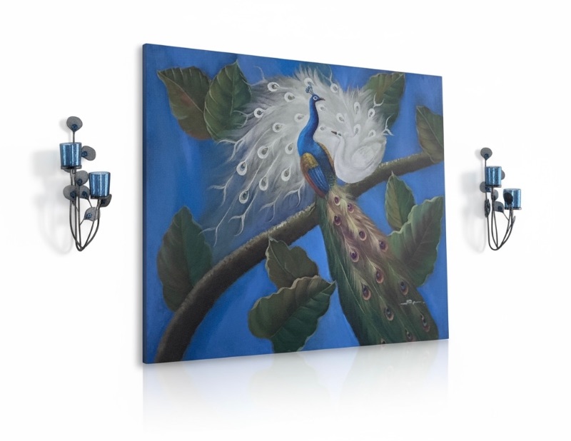 Photo 1 of UNFRAMED, OIL ON CANVAS “PEACOCK” SIGNED ARTWORK 4’ X 3’
AND TWO WALL CANDLE HOLDERS