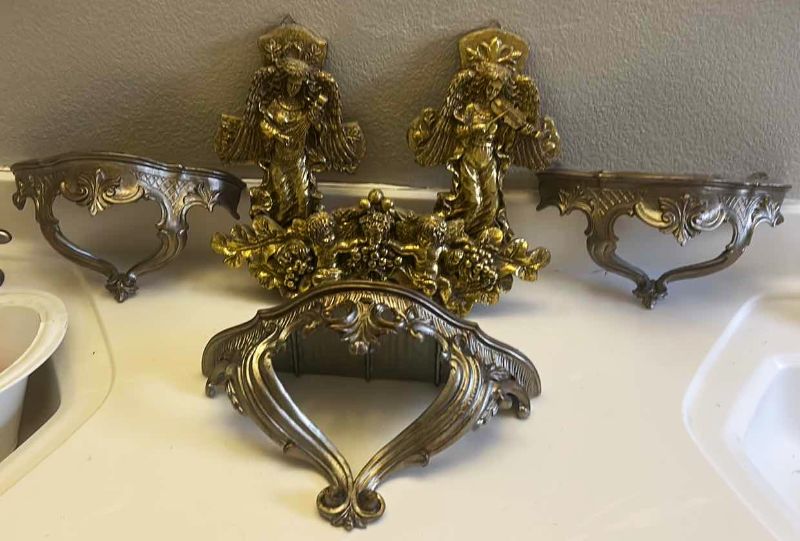 Photo 1 of 6 PC - ORNATE GOLD RESIN HOME DECOR WALL SCONCE SHELVES AND ANGELS ( LARGEST 14.5” X 6.5” X H8”)