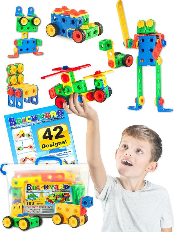 Photo 1 of Brickyard Building Blocks STEM Toys - Educational Building Toys for Kids Ages 4-8 with 163 Pieces, Tools, Design Guide and Toy Storage Box, Gift for Boys & Girls
