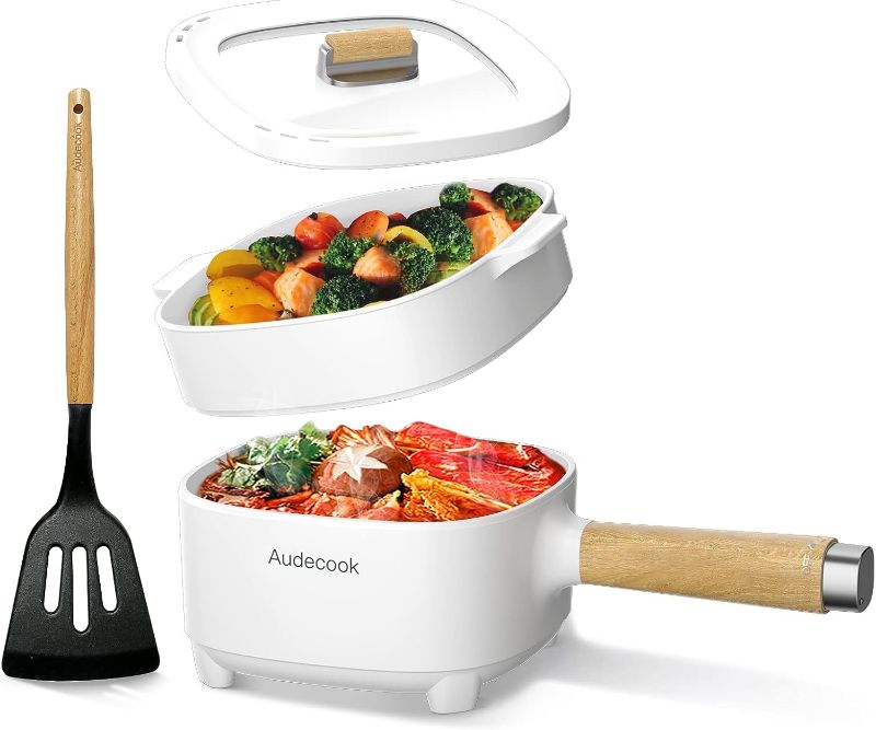 Photo 1 of Audecook Hot Pot Electric with Steamer 2L, Cermic Glaze Non-Stick Frying Pan 8 Inch, Portable Travel Cooker for Ramen/Steak/Fried Rice/Oatmeal/Soup, with Dual Power Control (Silicone Spatula Included)
