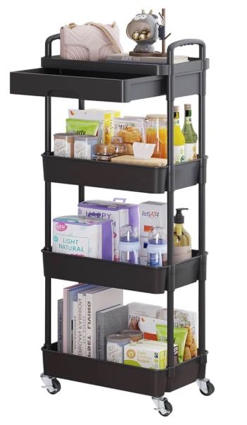 Photo 1 of 4-Tier Rolling Utility Cart with Drawer,Multifunctional Storage Organizer with Plastic Shelf & Metal Wheel,Storage Cart for Kitchen,Bathroom,Living Room,Office,Black