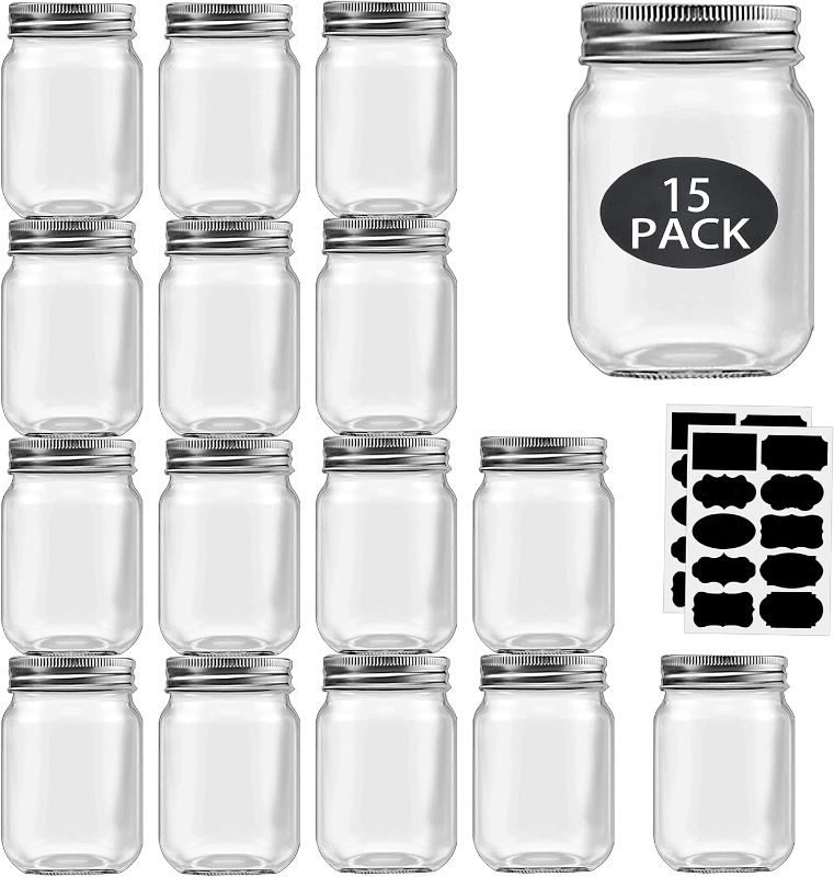 Photo 1 of 16 oz Mason Jars With Lids Regular Mouth 15 Pack-16 oz Glass Jars with Lids,Bulk Pint Clear Glass Jars For Meal Prep, Food Storage With 20 Labels (Silver Lids)
