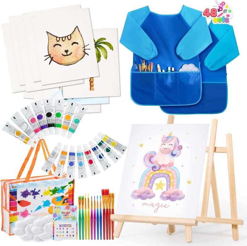 Photo 1 of 48 Pieces Art Painting Supplies for Toddlers and Kids with 12 Paint Brushes, 10 Painting Canvas, 2 Tabletop Easels, 2 Art Smocks, 18 Acrylic Painting Colors, Paint Palettes, Christmas Gifts for Kids