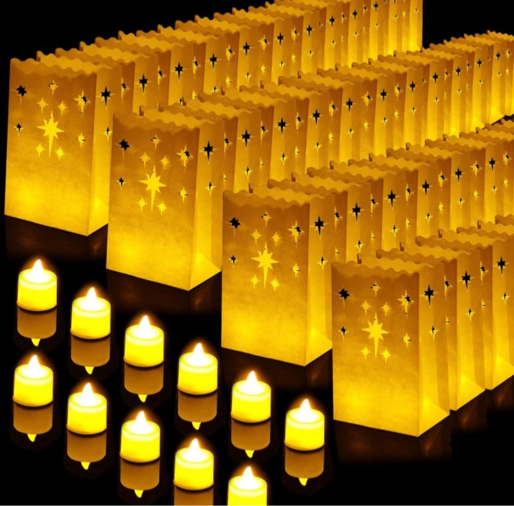 Photo 1 of 50 Set Luminary Paper Bags with Flameless Tea Lights, Christmas LED Tea Light Flameless Candle with Luminaries Candle Bag for Birthday Wedding Halloween Christmas Thanksgiving Party Decor (Firework)