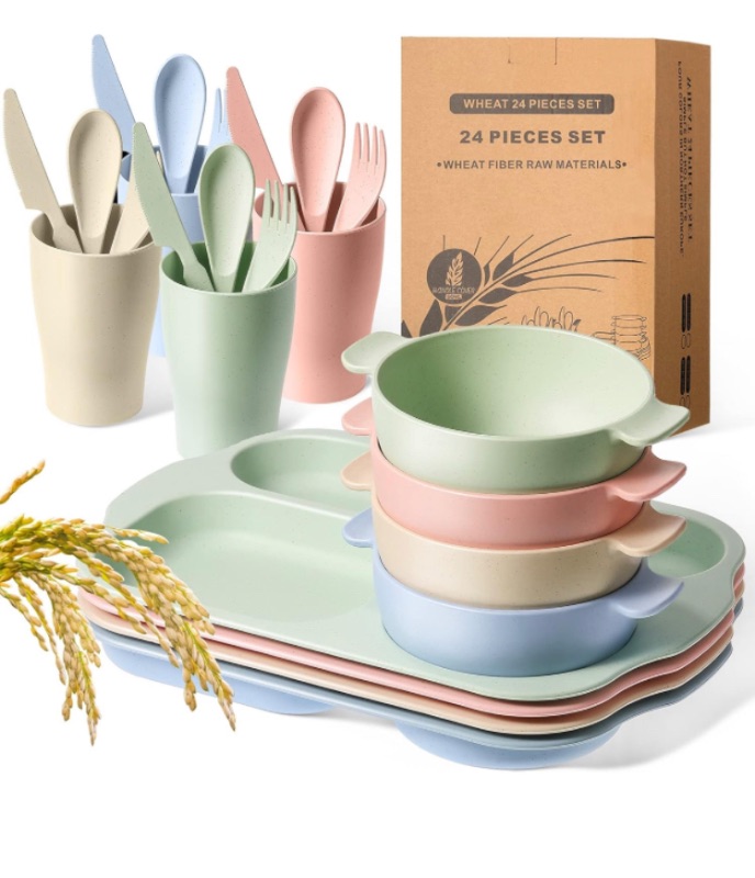 Photo 2 of 24 Pcs Wheat Straw Dinnerware Cutlery Set Including Kids Toddlers Divided Plates Microwave Dishwasher Safe Bowl Unbreakable Tableware Straw Cutlery Spoon Knife Fork Cup (Beige/Pink/Green/Blue)