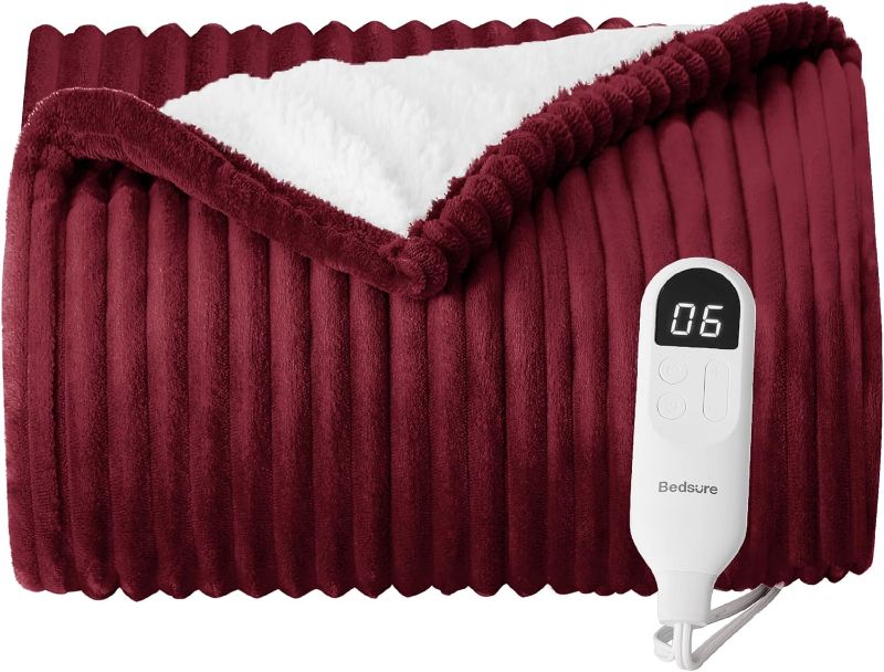 Photo 1 of Bedsure Heated Blanket Electric Twin - Soft Ribbed Flannel, Fast Heating Electric Blanket with 6 Heating Levels & 10 Time Settings, 8 Hours Auto-Off (62x84 inches, Red) 04 - Red Twin