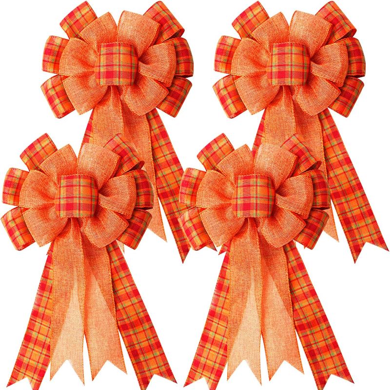 Photo 1 of 4Pcs Large Fall Thanksgiving Wreath Gift Bow -18.8x10.6inch Orange Buffalo Plaid Check Wreath Swag Bow Wreath Pre-Tied Bow for Fall, Thanksgiving, Christmas, Home Indoor Outdoor Ornaments