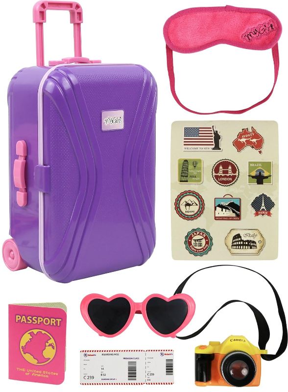 Photo 1 of Click N' Play 18” Doll Travel Carry On Suitcase Luggage 7 Piece Set Includes Travel Gear Accessories, Photo Camera, Sunglasses, and Passport, Pretend Play Toys for Kids, Doll is Not Included