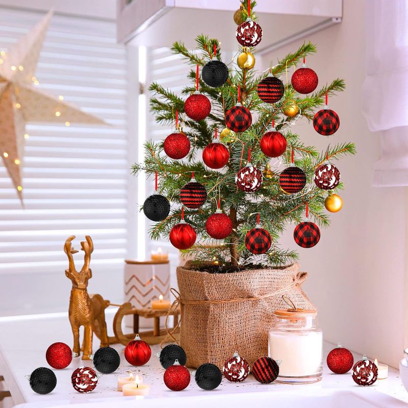 Photo 1 of 12 Pieces Christmas Ball Tree Ornament, Red Black Buffalo Plaid Ball Ornament, Red and Black Check Fabric Wrapped Ball, Red Sequin Ball for Christmas Party Hanging Decor (Classic Style, 12 Pieces) 12 Classic Style