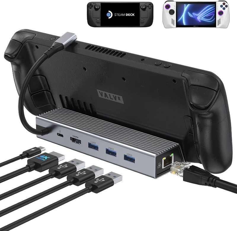 Photo 1 of Docking Station for Steam Deck, 6-in-1 Steam Deck Dock Stand with HDMI 2.0 4K@60Hz, Gigabit Ethernet, 3 USB-A 3.0 and Full Speed Charging USB-C PD Port Compatible with Valve Stream Deck//ROG Ally 6 in 1