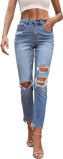 Photo 1 of OFLUCK Women Ripped High Waisted Jeans Frayed Raw Hem Regular Fit Boyfriend Distressed Denim Pants with Hole 8 Blue