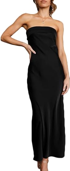 Photo 1 of Realtix Satin Silk Backless Tube Tops Maxi Dress for Women Low Back Hollow Out Elegant Strapless Long Dresses Wedding Guest X-Small Black