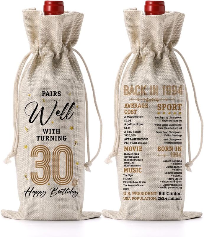 Photo 1 of 30th Birthday Wine Gift Bags - Gift for Thirty Birthday, 30 Years Old- Reusable Burlap With Drawstring Gift Bag (5.5"x 13.5")-1 Pcs/jiu020