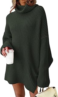 Photo 1 of KYLASIEN Women Turtleneck Sweater Dress Casual Long Sleeve Loose Oversized Pullover Knitted Tunic Sweaters Small Army Green